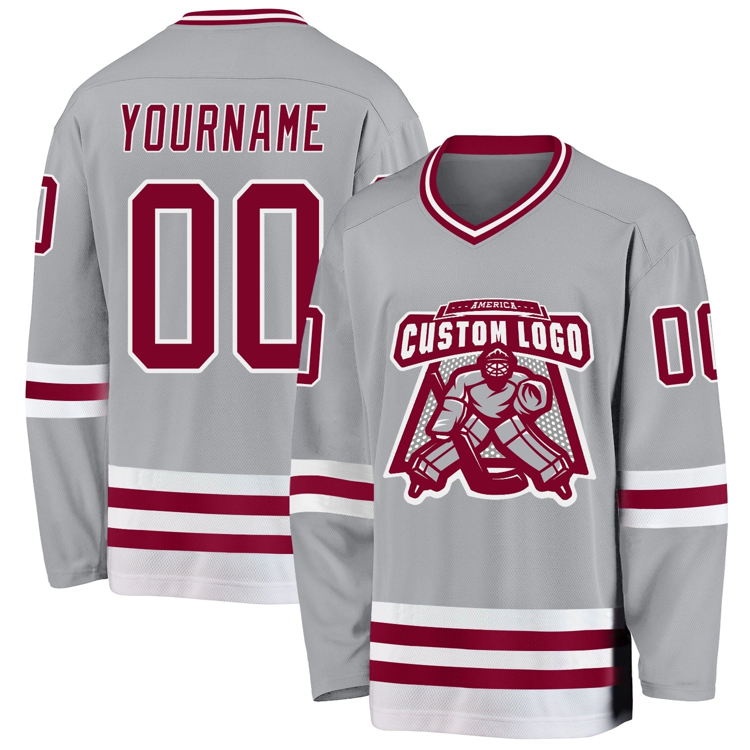 Custom Gray Maroon-White Hockey Jersey view 2