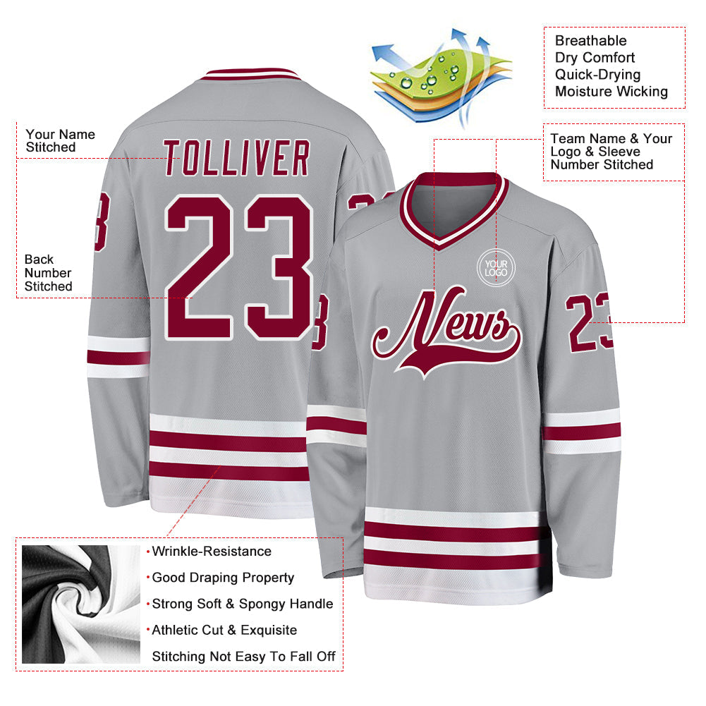 Custom Gray Maroon-White Hockey Jersey view 3