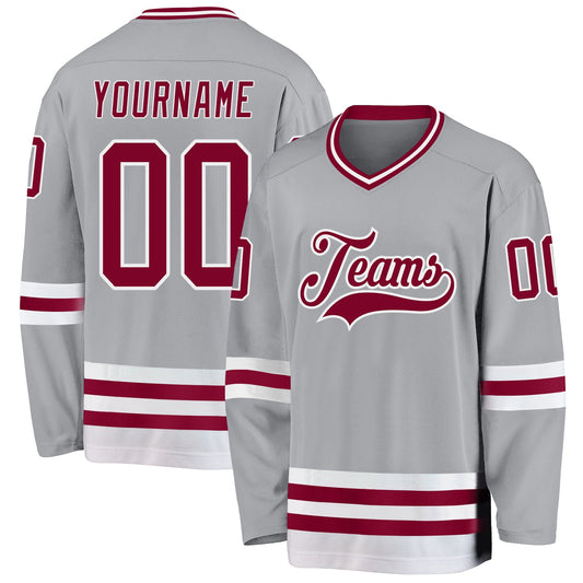 Custom Gray Maroon-White Hockey Jersey - Main View