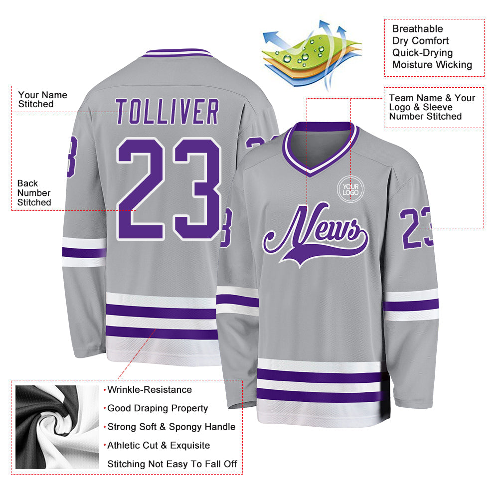 Custom Gray Purple-White Hockey Jersey view 3