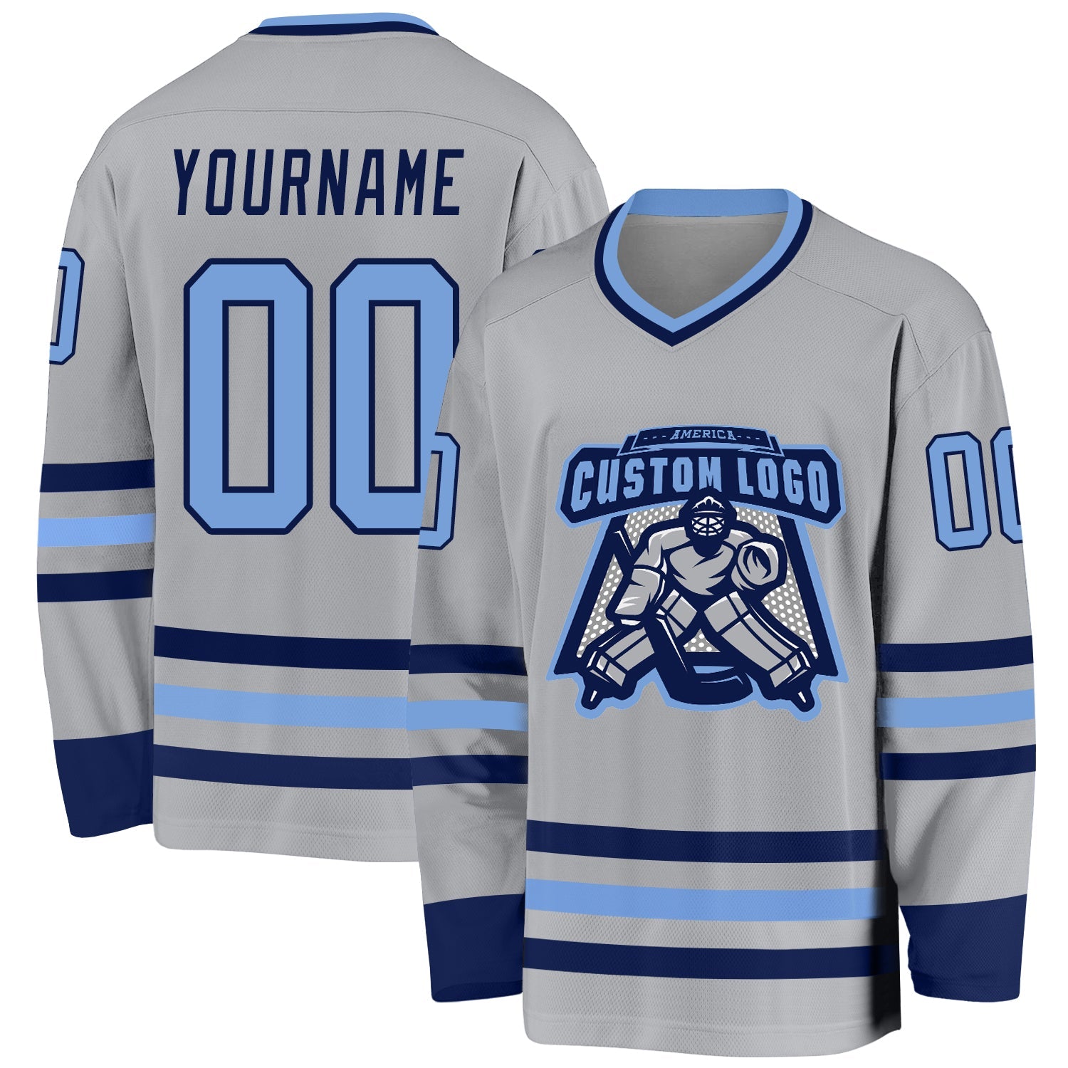 Custom Gray Light Blue-Navy Hockey Jersey view 2