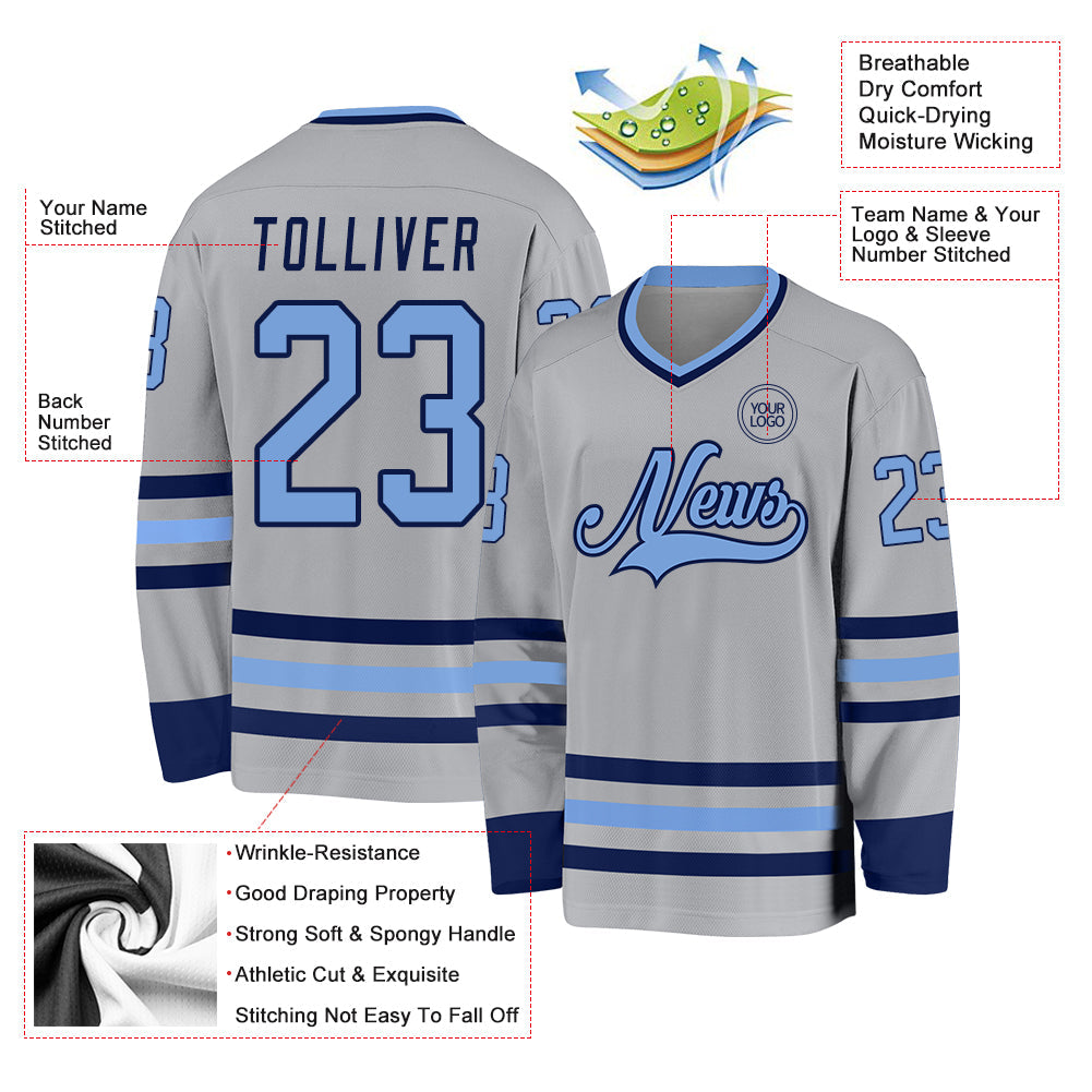 Custom Gray Light Blue-Navy Hockey Jersey view 3