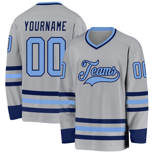 Custom Gray Light Blue-Navy Hockey Jersey - Main View