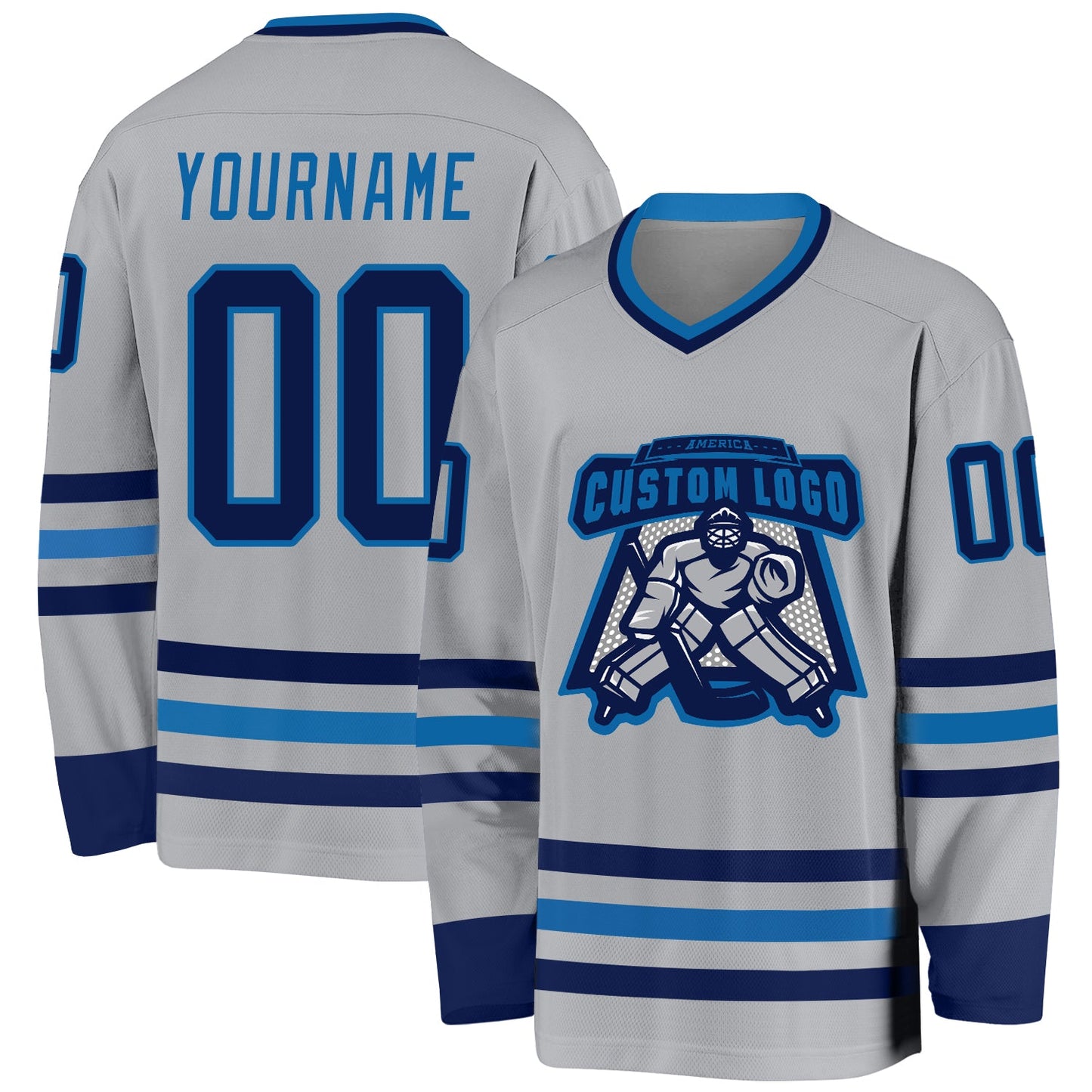 Custom Gray Navy-Blue Hockey Jersey view 2