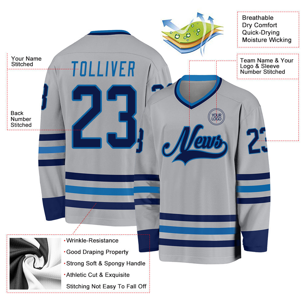 Custom Gray Navy-Blue Hockey Jersey view 3