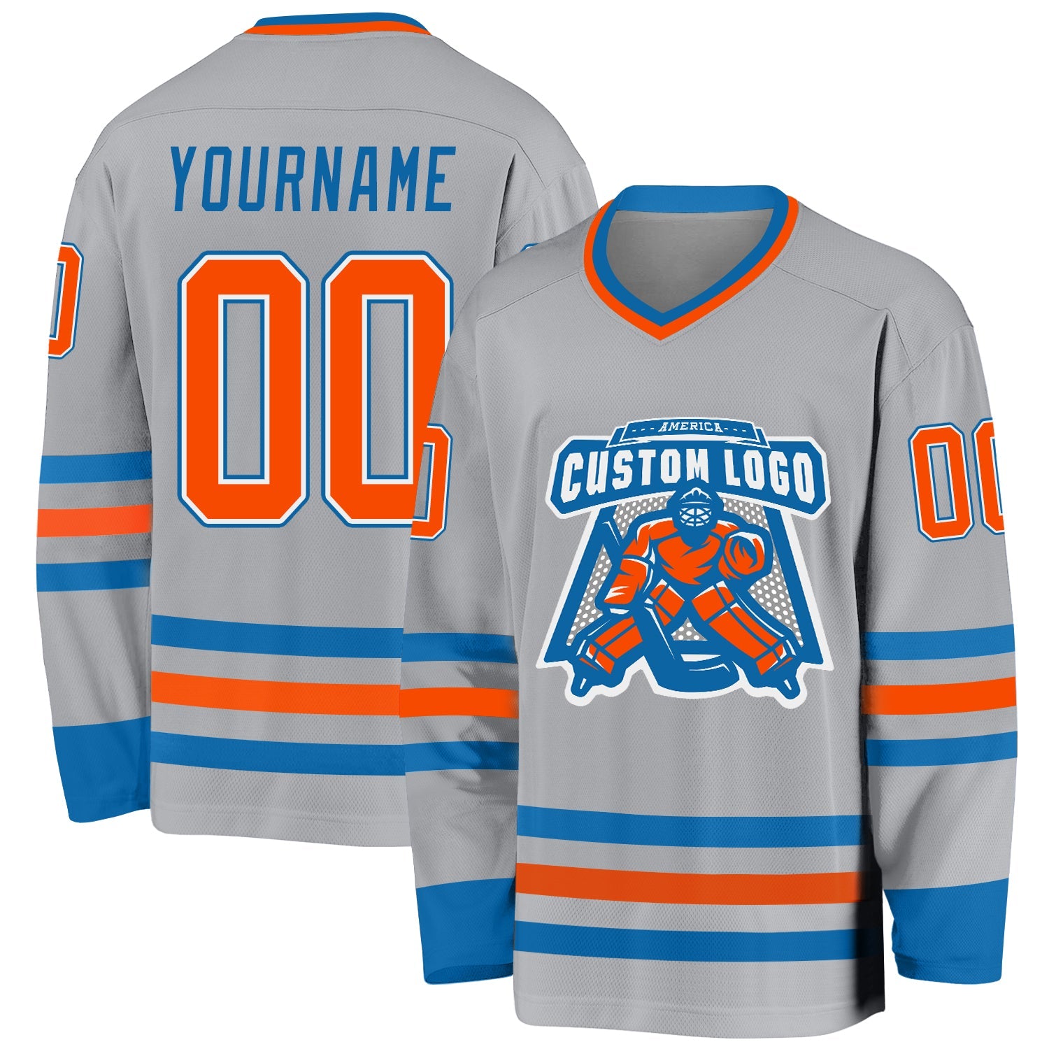 Custom Gray Orange-Blue Hockey Jersey view 2