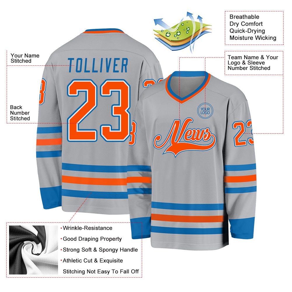 Custom Gray Orange-Blue Hockey Jersey view 3