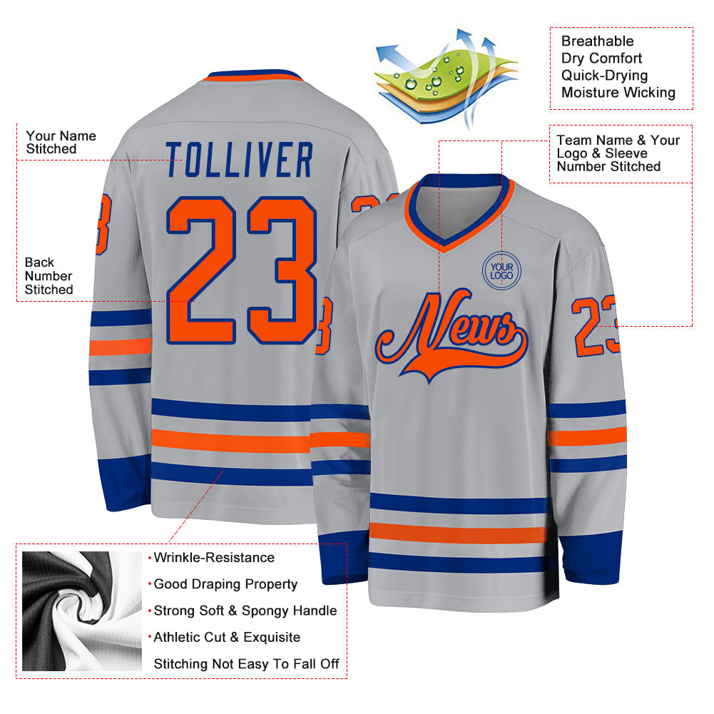 Custom Gray Orange-Royal Hockey Jersey view 3