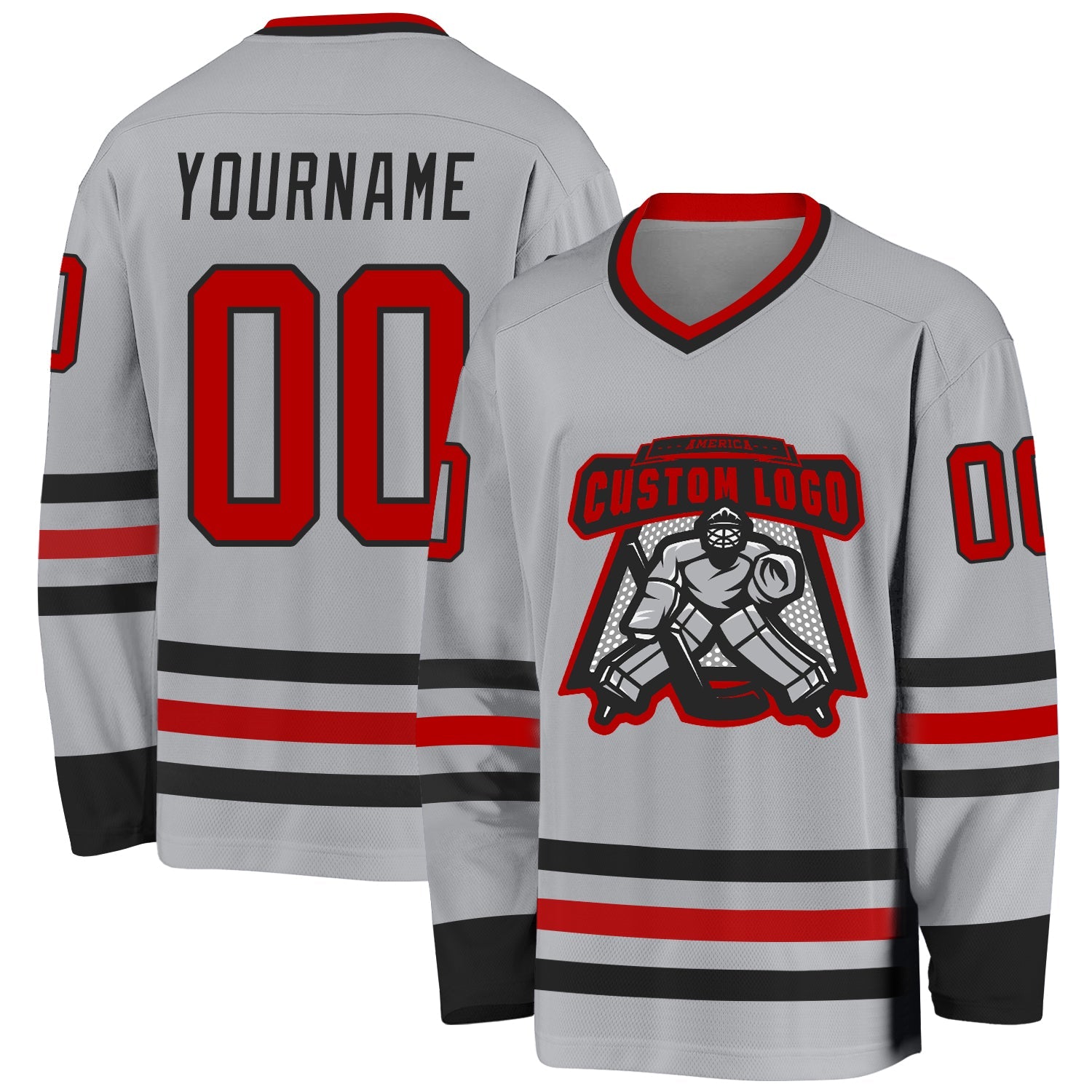 Custom Gray Red-Black Hockey Jersey view 2