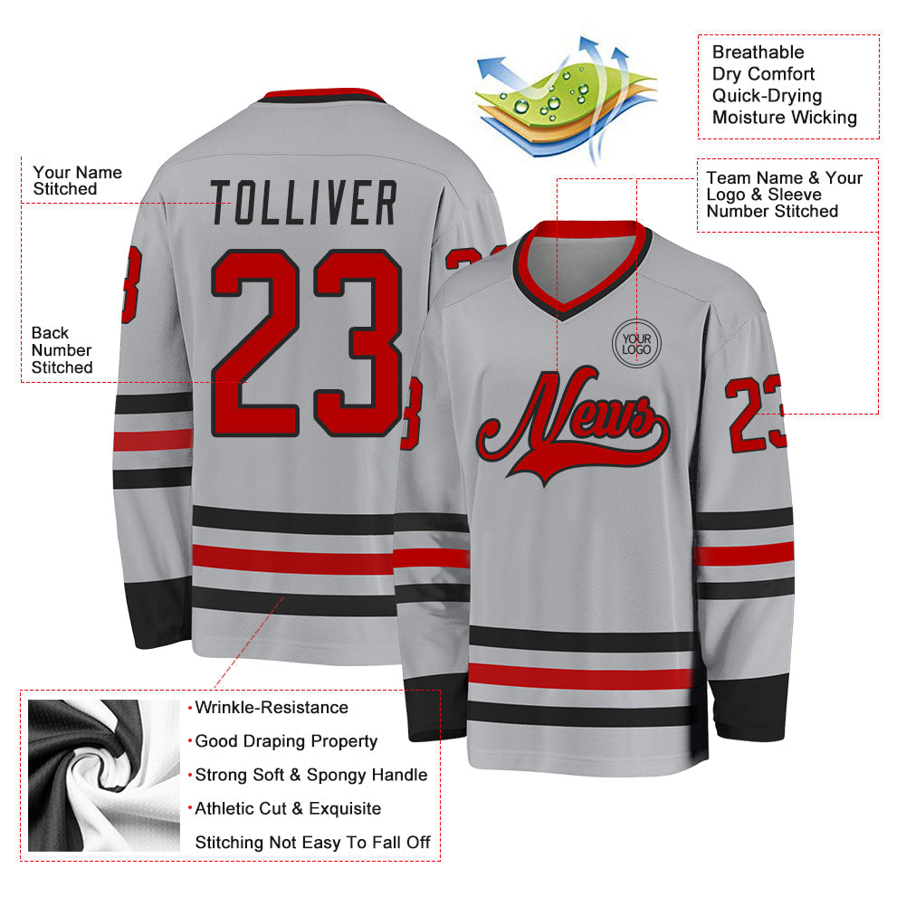Custom Gray Red-Black Hockey Jersey view 3
