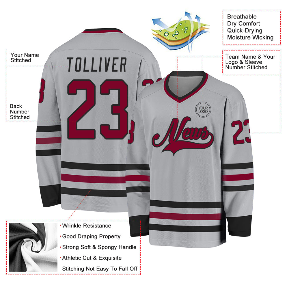 Custom Gray Maroon-Black Hockey Jersey view 3