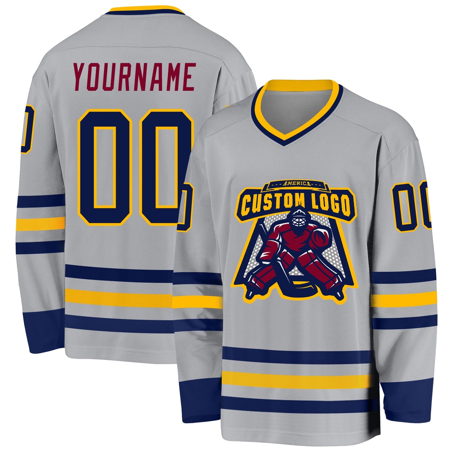 Custom Gray Navy Gold-Maroon Hockey Jersey view 2