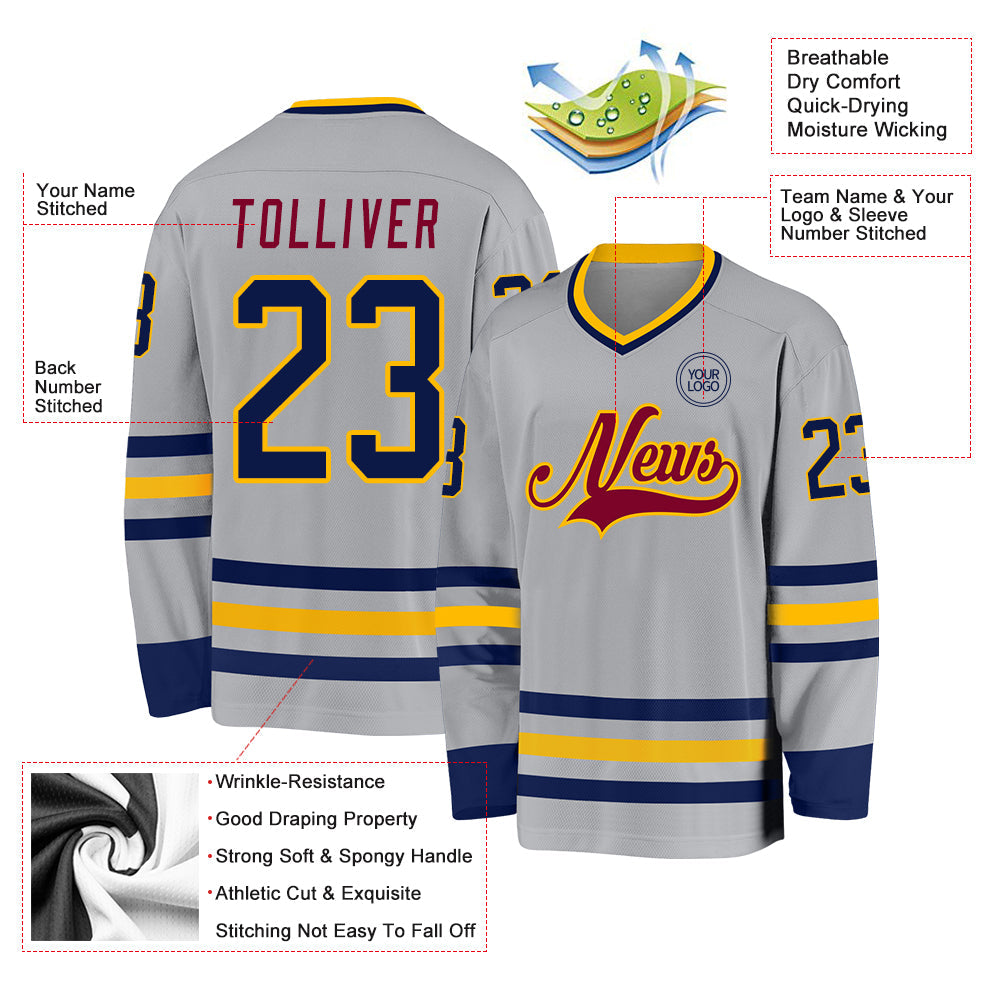 Custom Gray Navy Gold-Maroon Hockey Jersey view 3