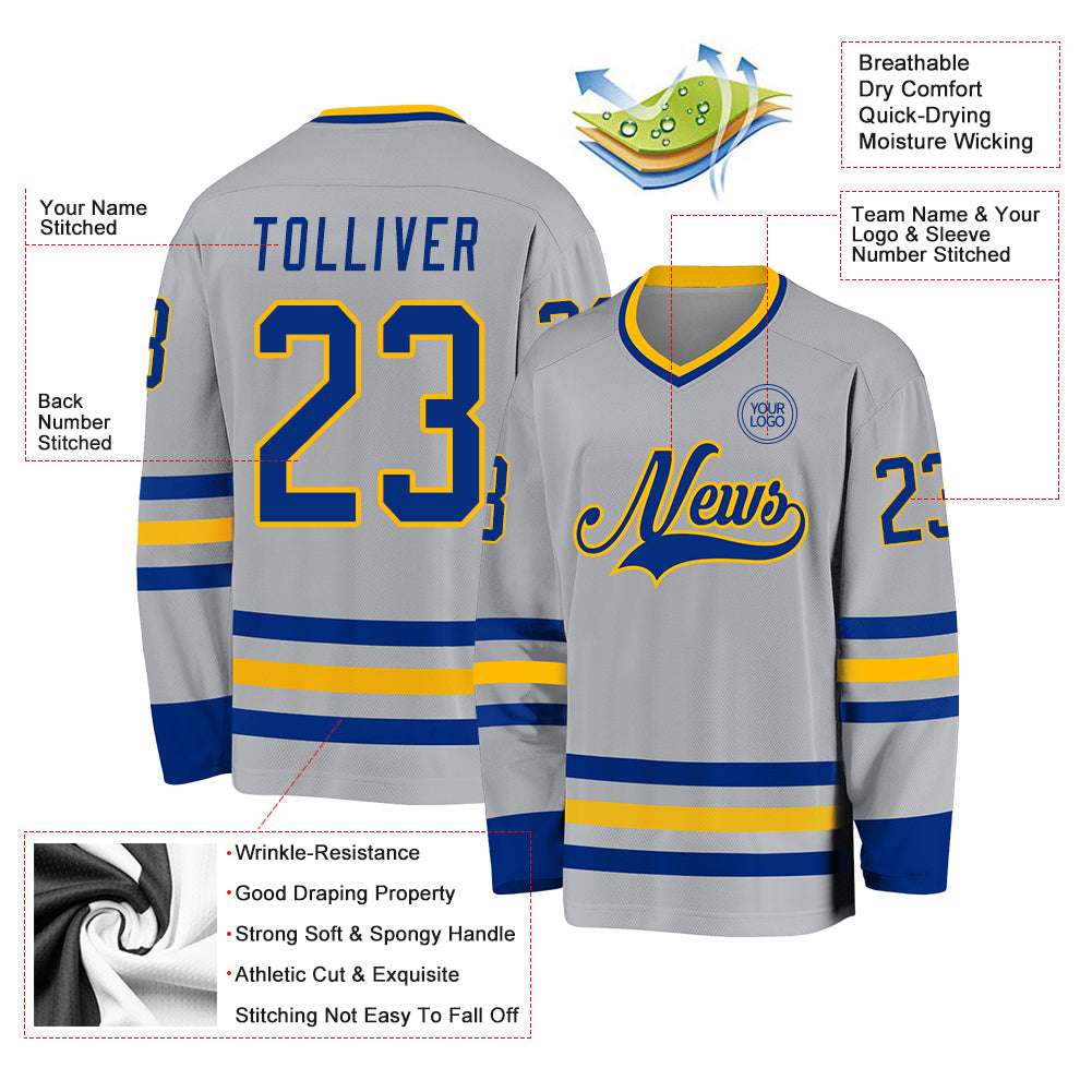 Custom Gray Royal-Gold Hockey Jersey view 3