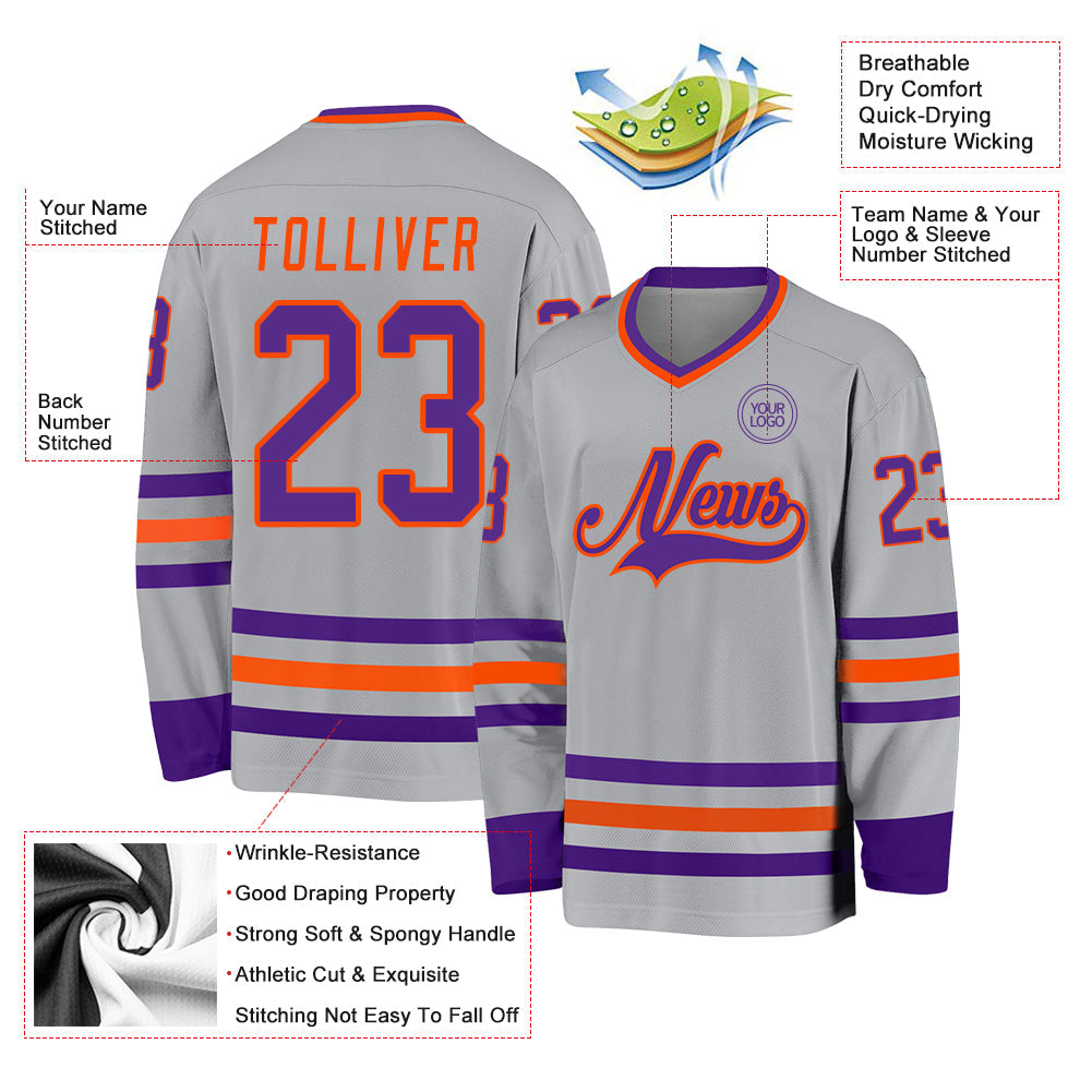 Custom Gray Purple-Orange Hockey Jersey view 3