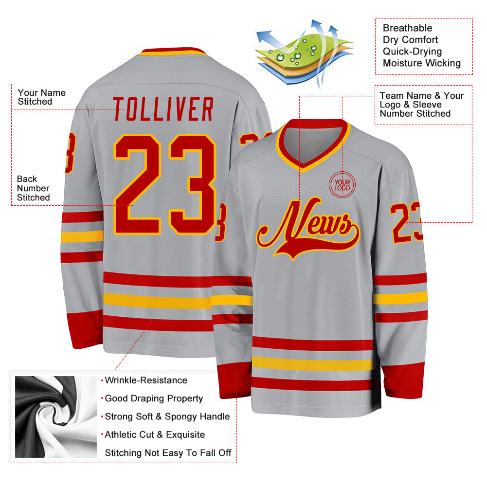 Custom Gray Red-Gold Hockey Jersey view 3