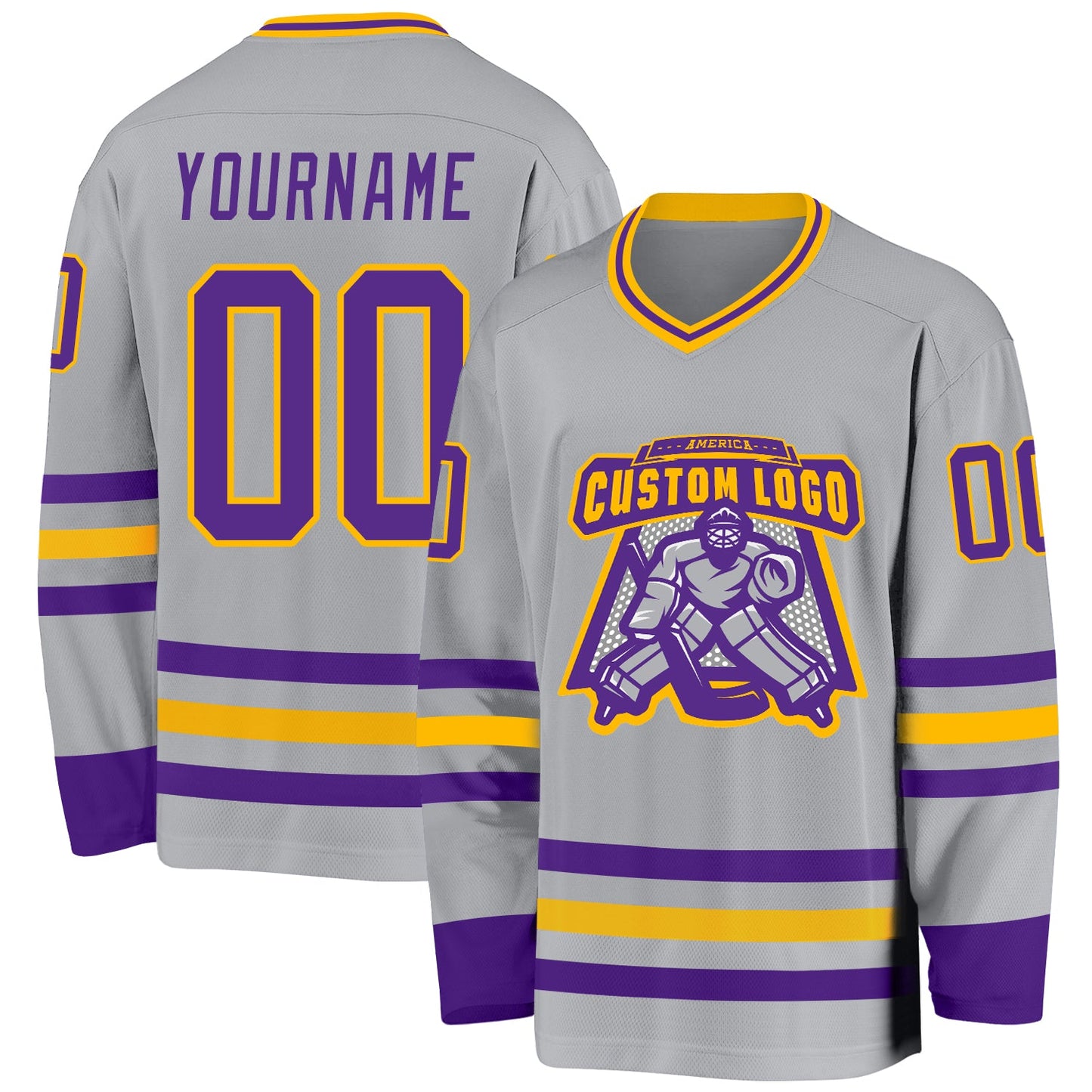 Custom Gray Purple-Gold Hockey Jersey view 2
