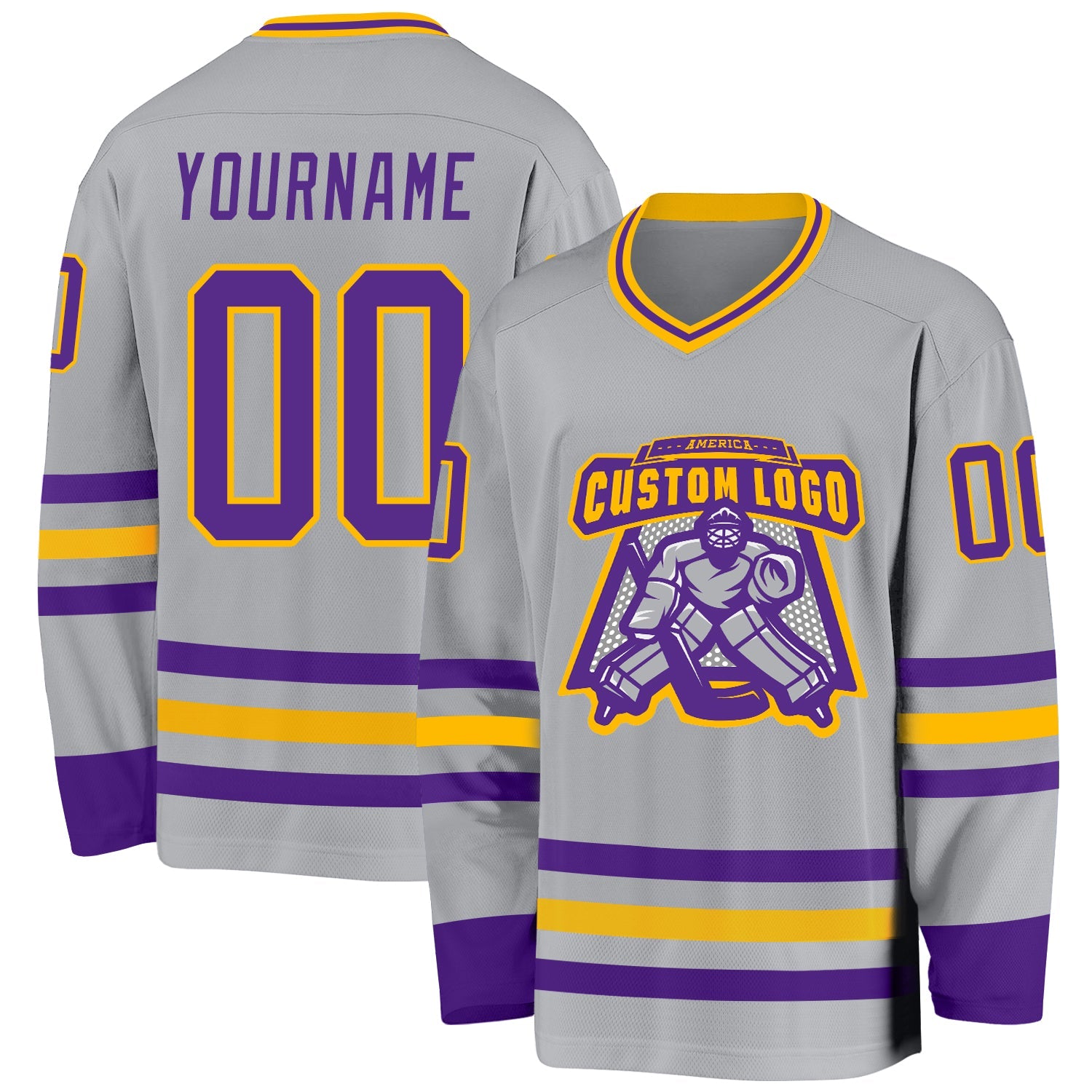 Custom Gray Purple-Gold Hockey Jersey view 2