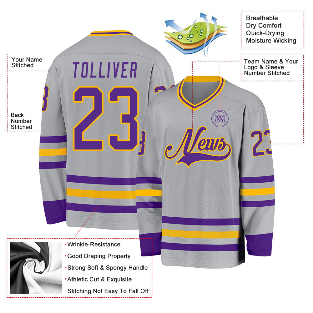 Custom Gray Purple-Gold Hockey Jersey view 3