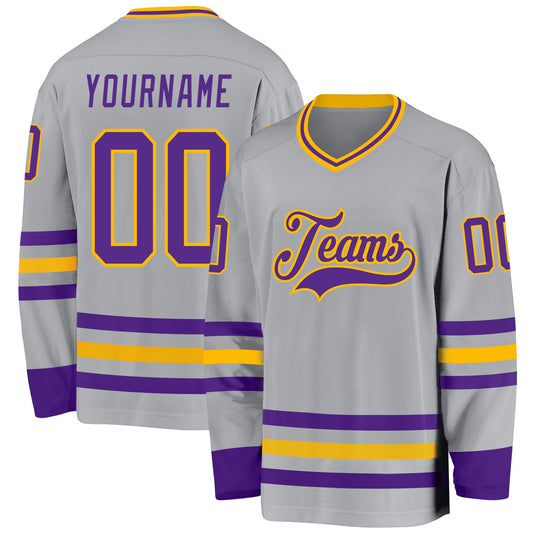Custom Gray Purple-Gold Hockey Jersey - Main View