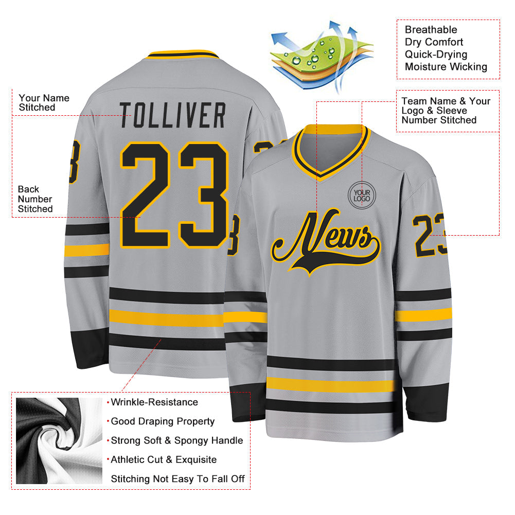 Custom Gray Black-Gold Hockey Jersey view 3