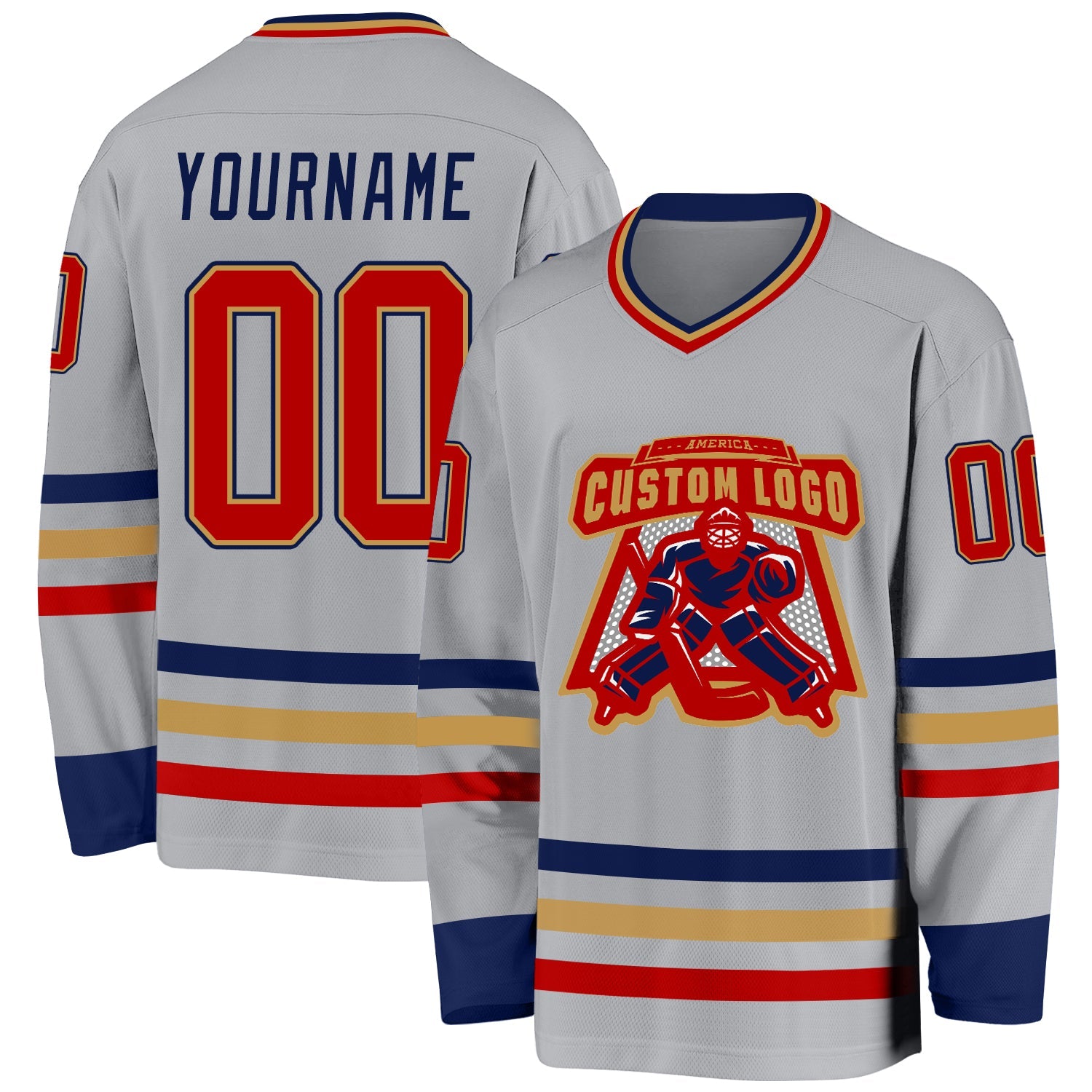 Custom Gray Red Old Gold-Navy Hockey Jersey view 2