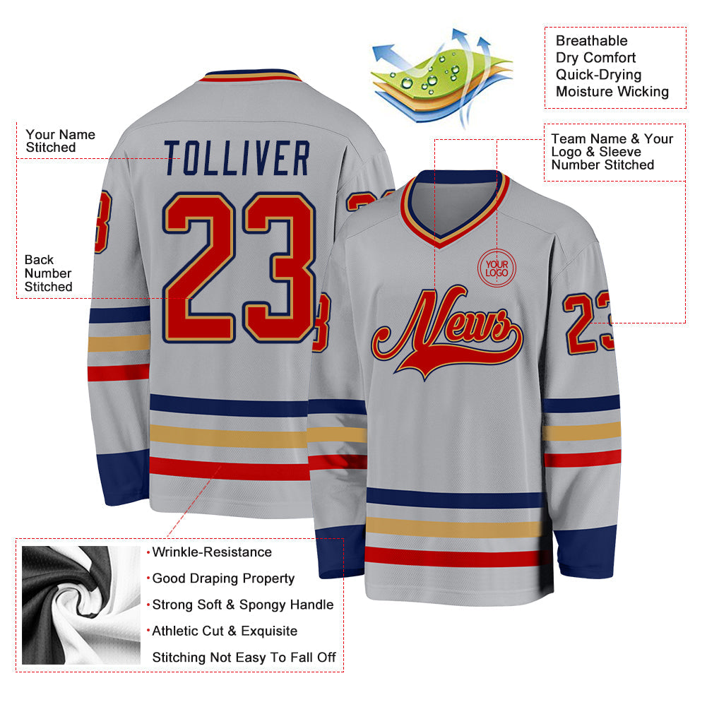 Custom Gray Red Old Gold-Navy Hockey Jersey view 3