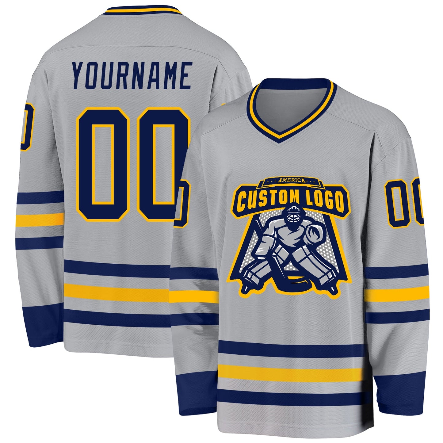 Custom Gray Navy-Gold Hockey Jersey view 2
