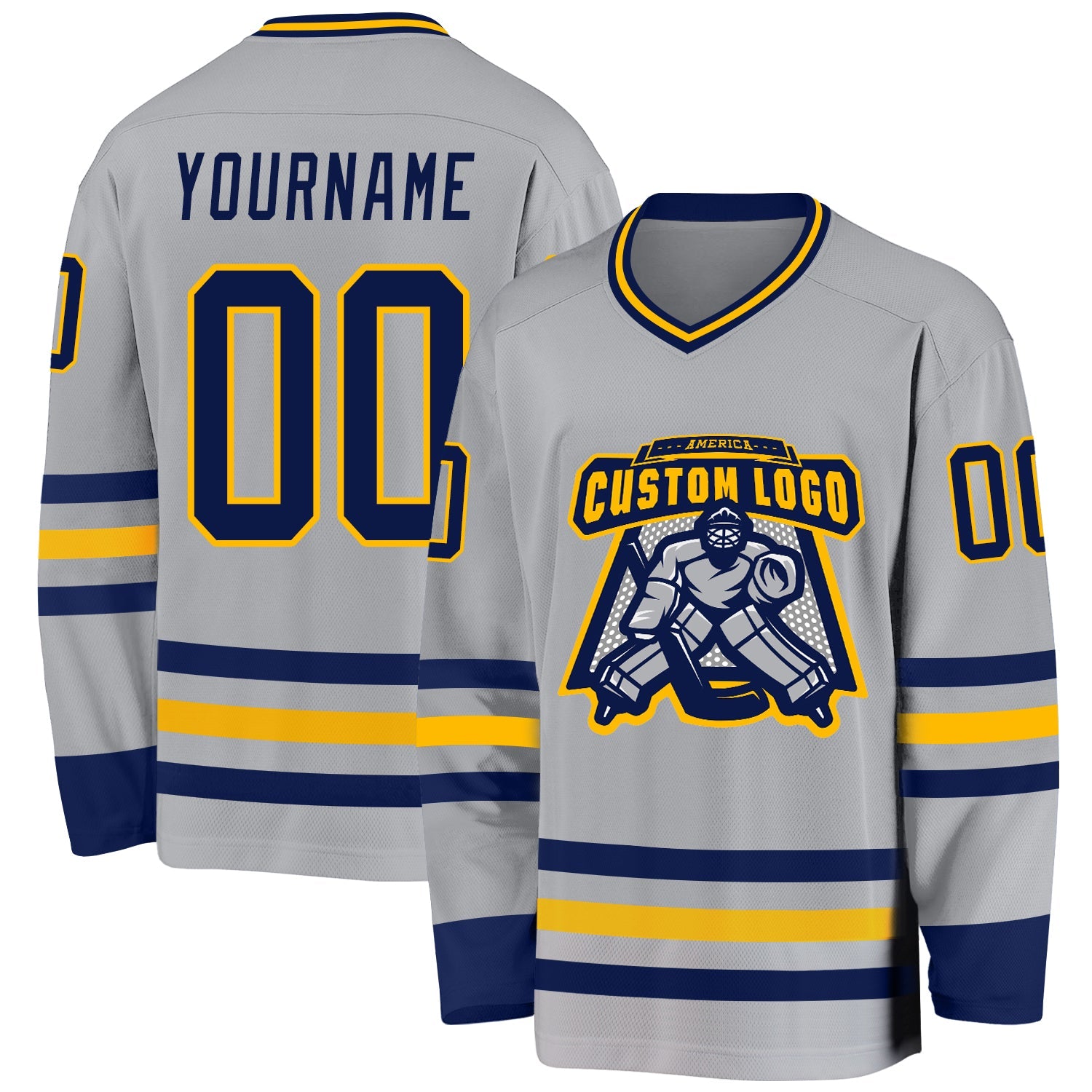 Custom Gray Navy-Gold Hockey Jersey view 2
