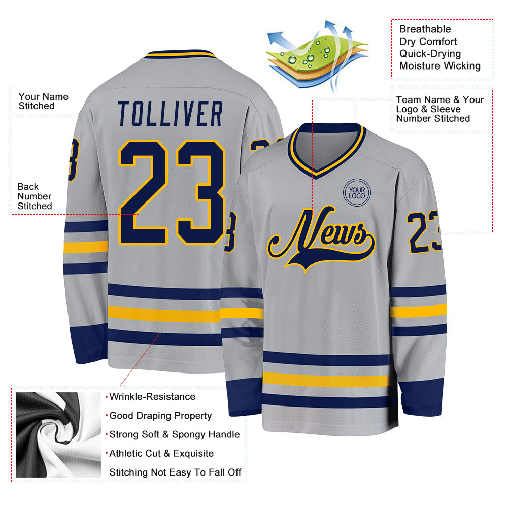 Custom Gray Navy-Gold Hockey Jersey view 3