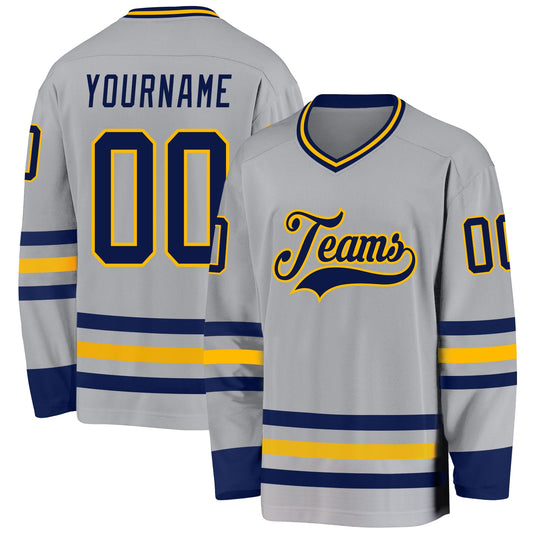 Custom Gray Navy-Gold Hockey Jersey - Main View