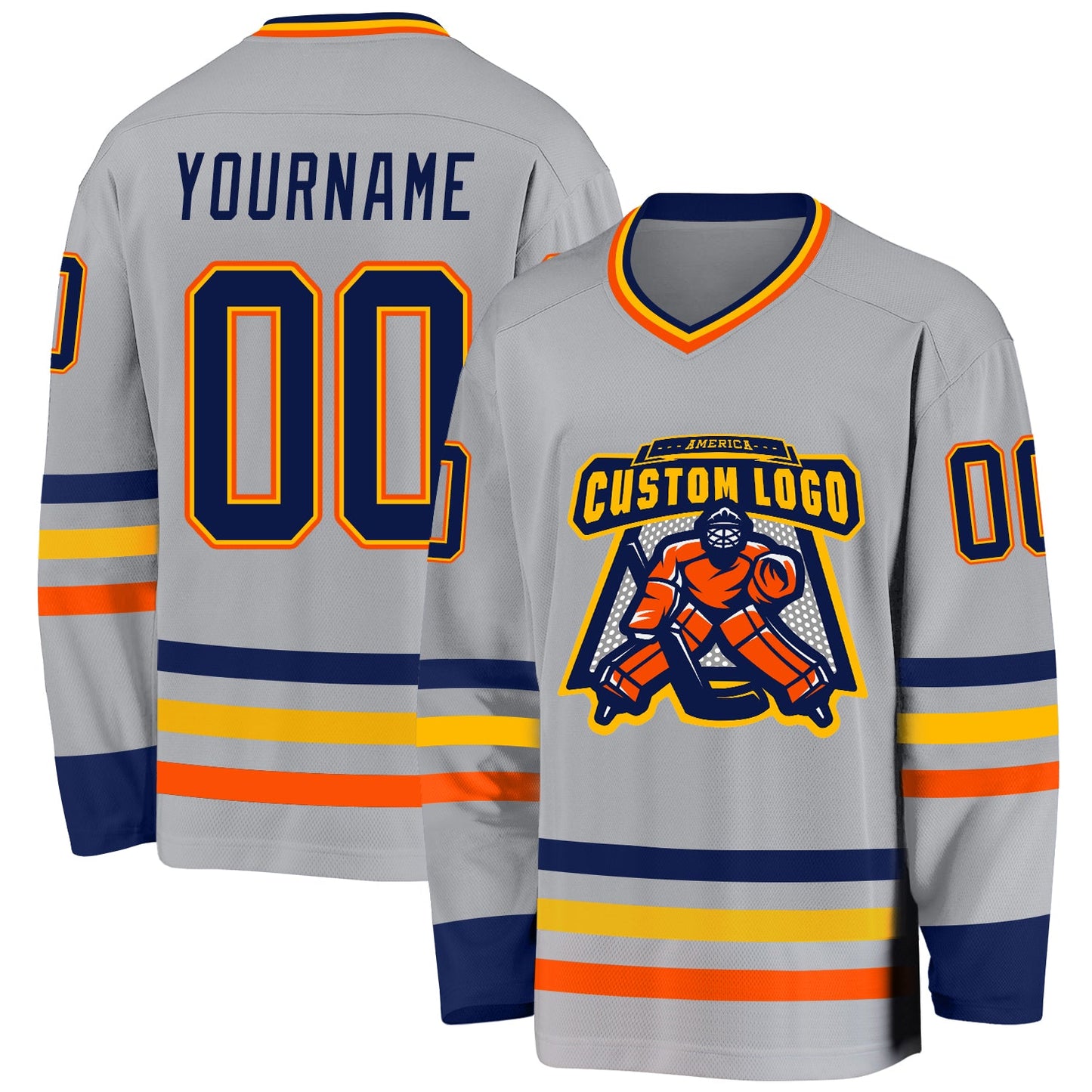 Custom Gray Navy Gold-Orange Hockey Jersey view 2