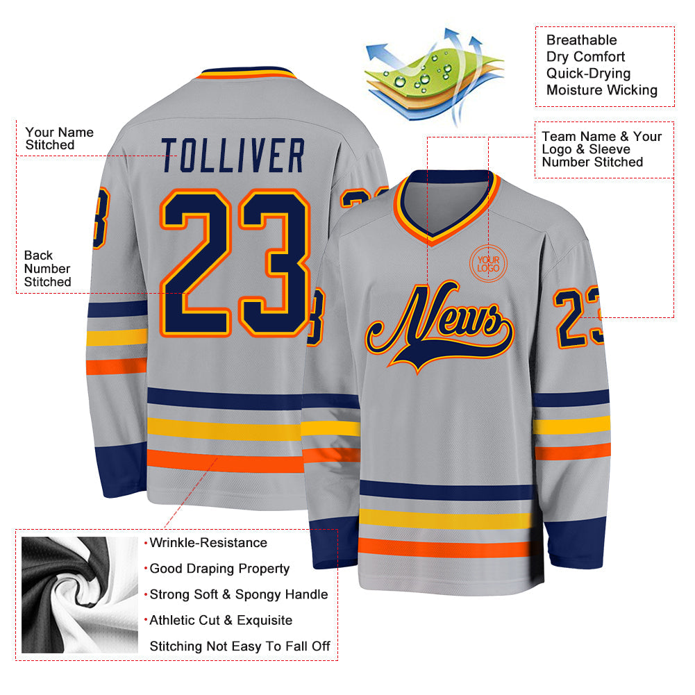 Custom Gray Navy Gold-Orange Hockey Jersey view 3