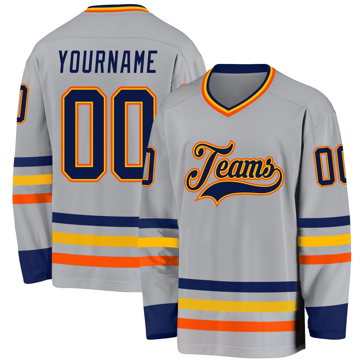Custom Gray Navy Gold-Orange Hockey Jersey - Main View