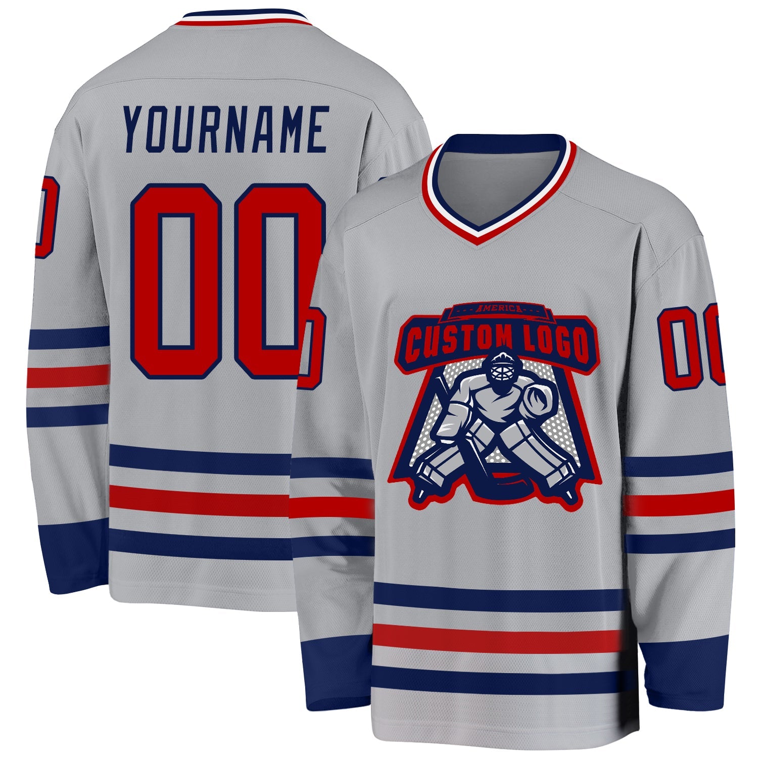 Custom Gray Red-Navy Hockey Jersey view 2