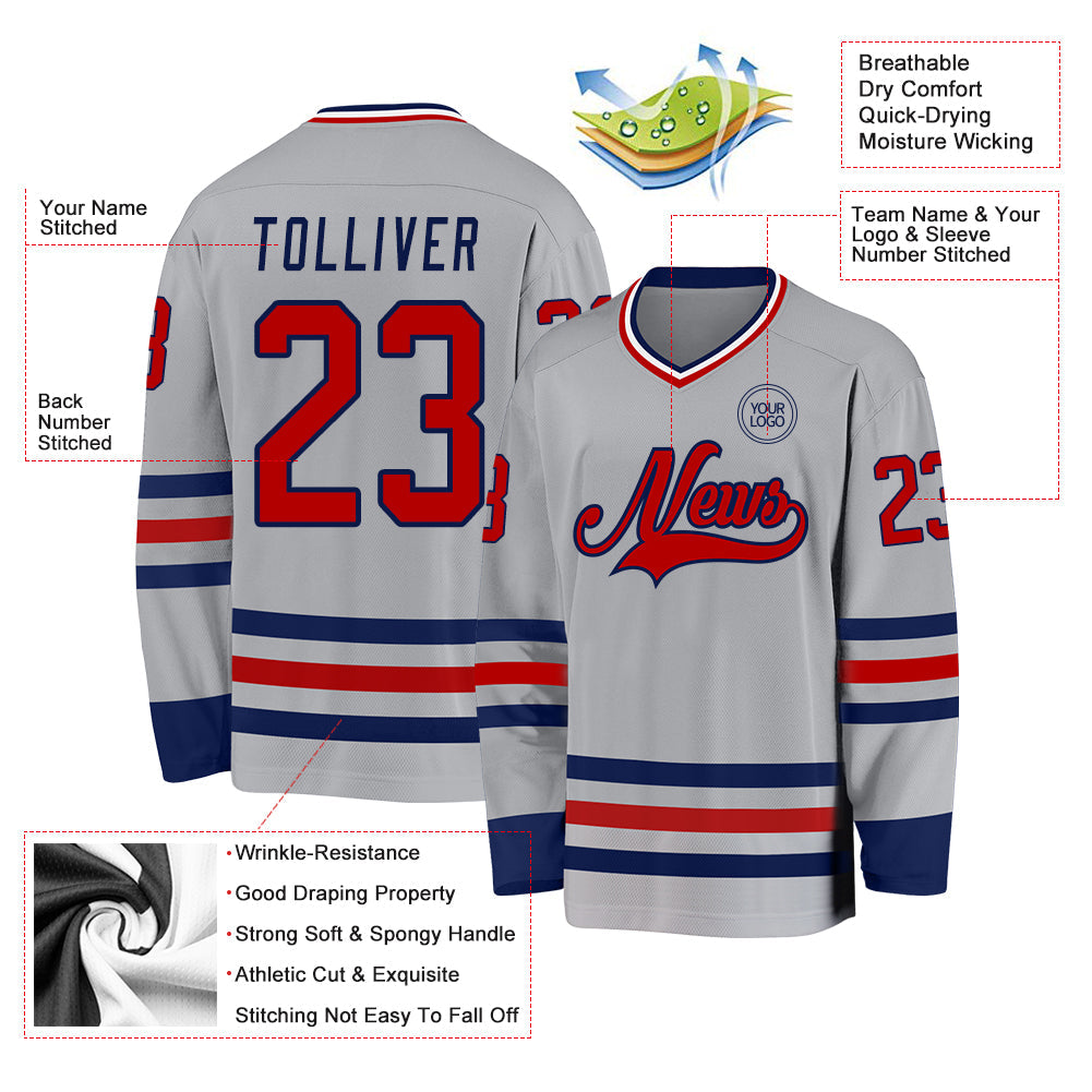 Custom Gray Red-Navy Hockey Jersey view 3