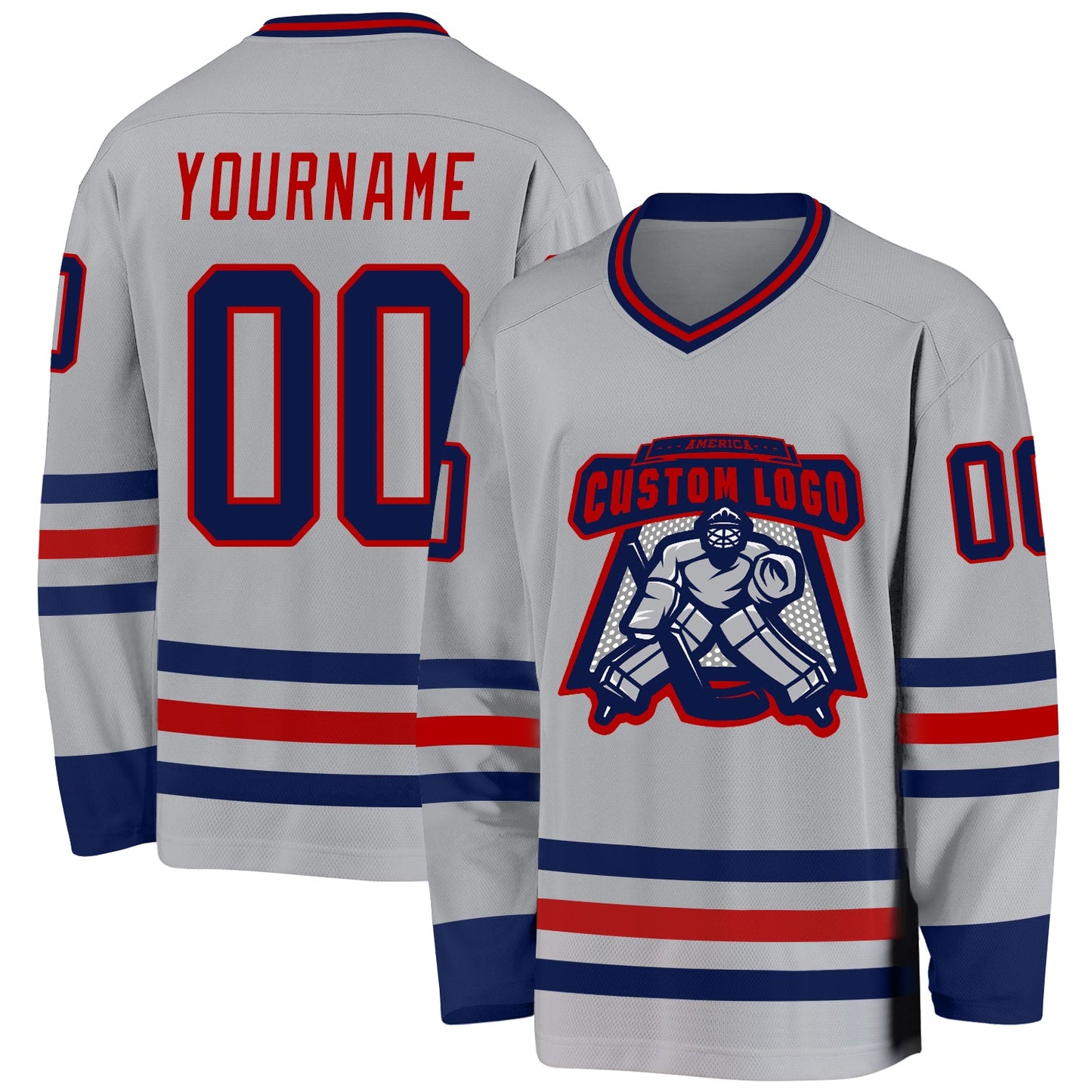 Custom Gray Navy-Red Hockey Jersey view 2