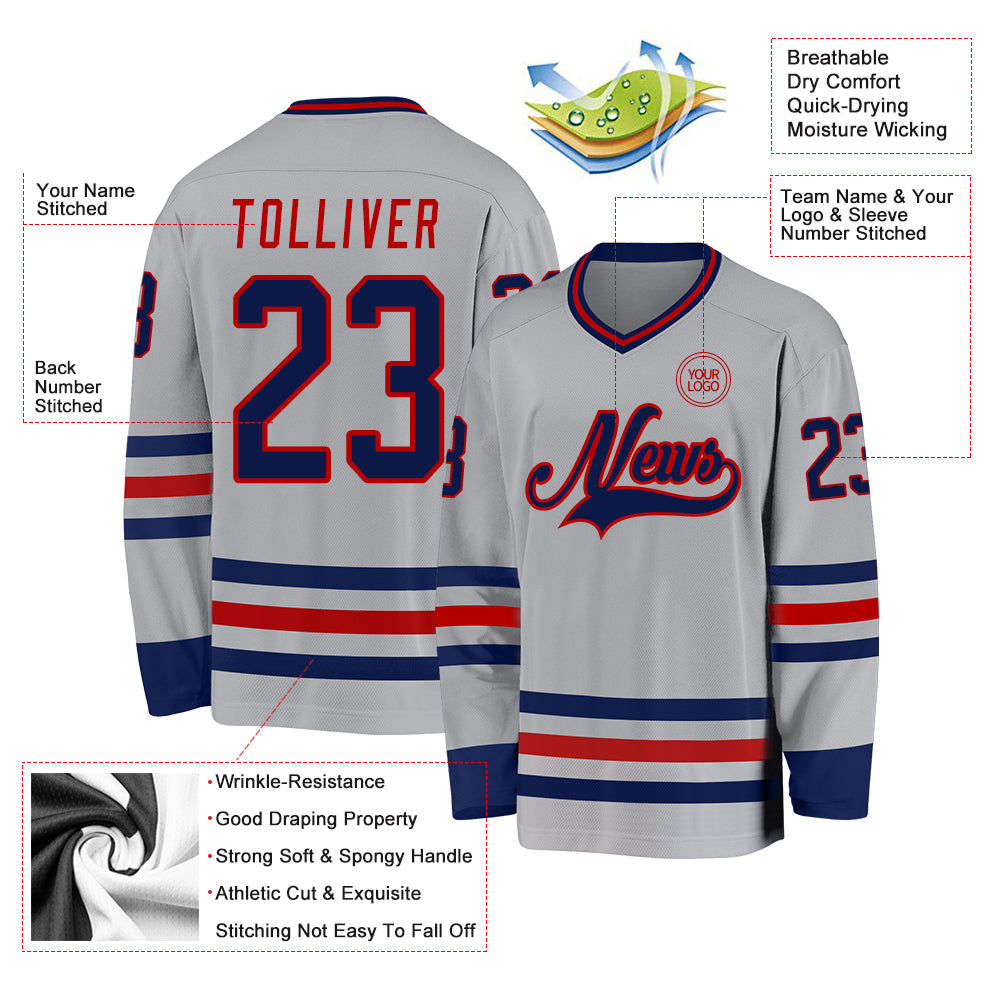Custom Gray Navy-Red Hockey Jersey view 3