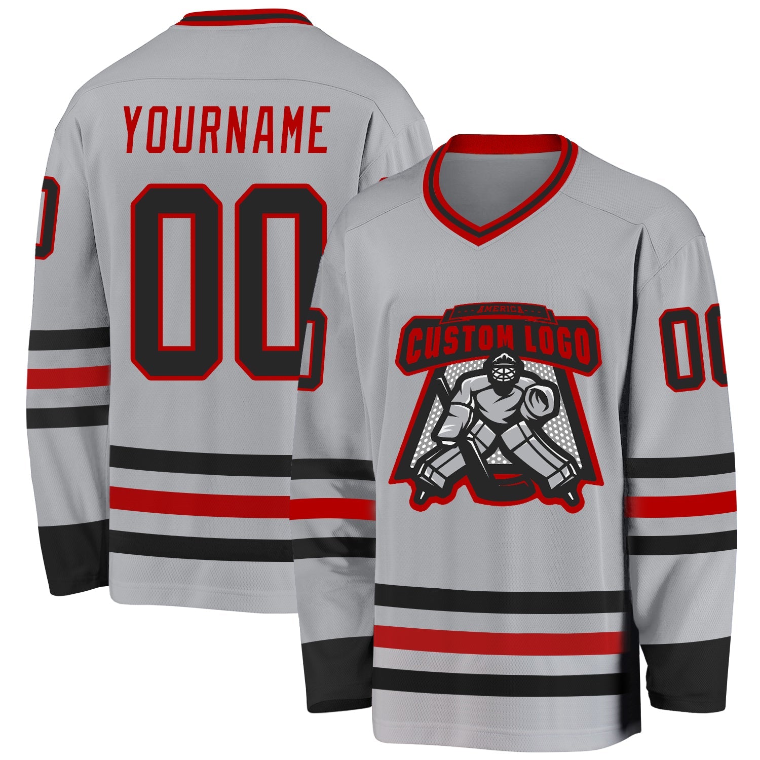 Custom Gray Black-Red Hockey Jersey view 2
