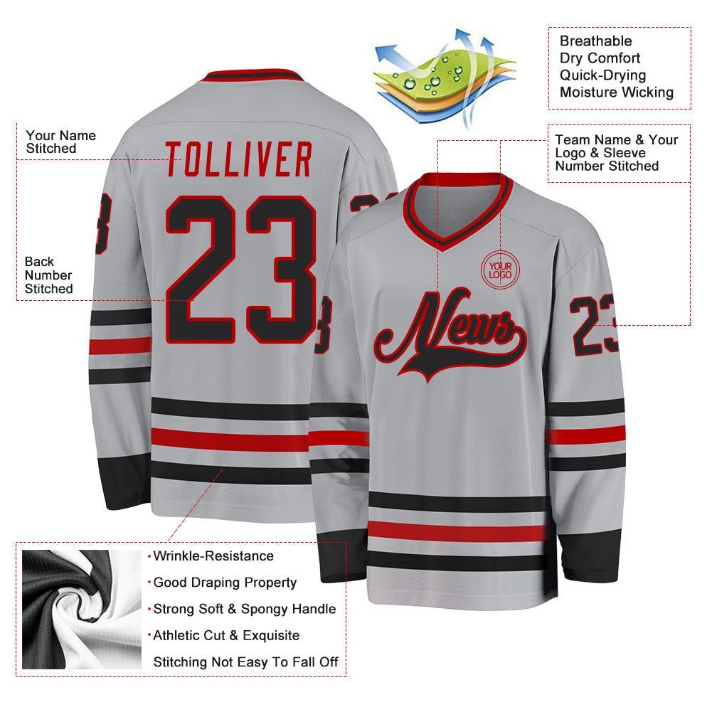 Custom Gray Black-Red Hockey Jersey view 3