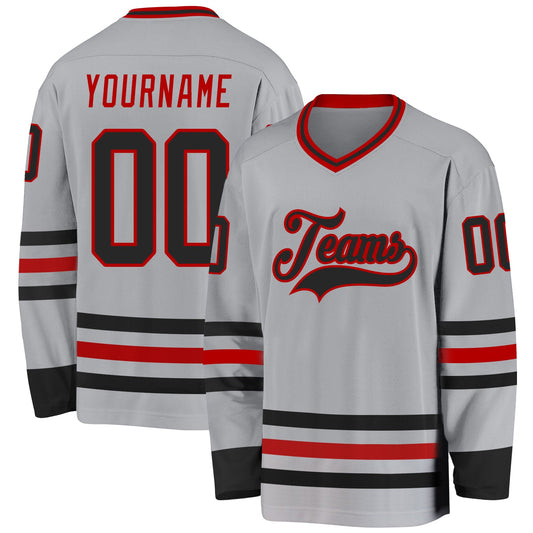 Custom Gray Black-Red Hockey Jersey - Main View