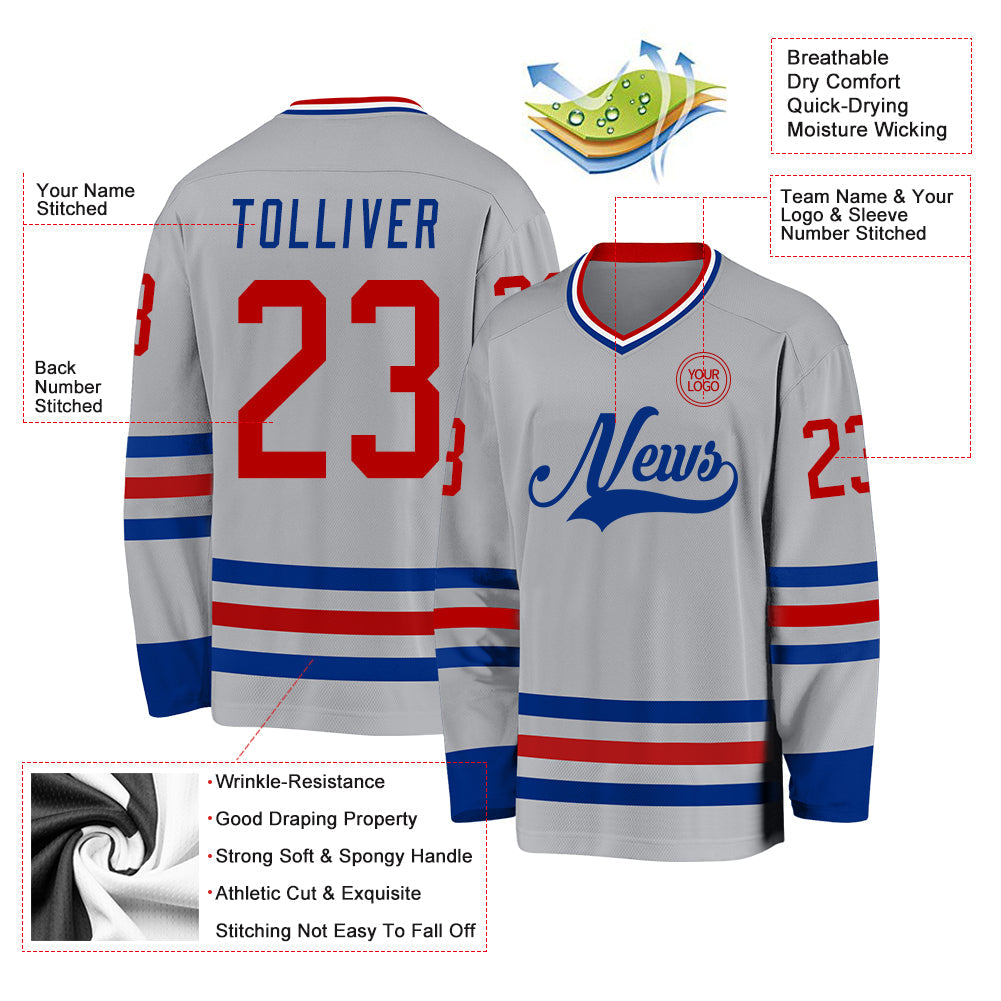 Custom Gray Red-Royal Hockey Jersey view 3