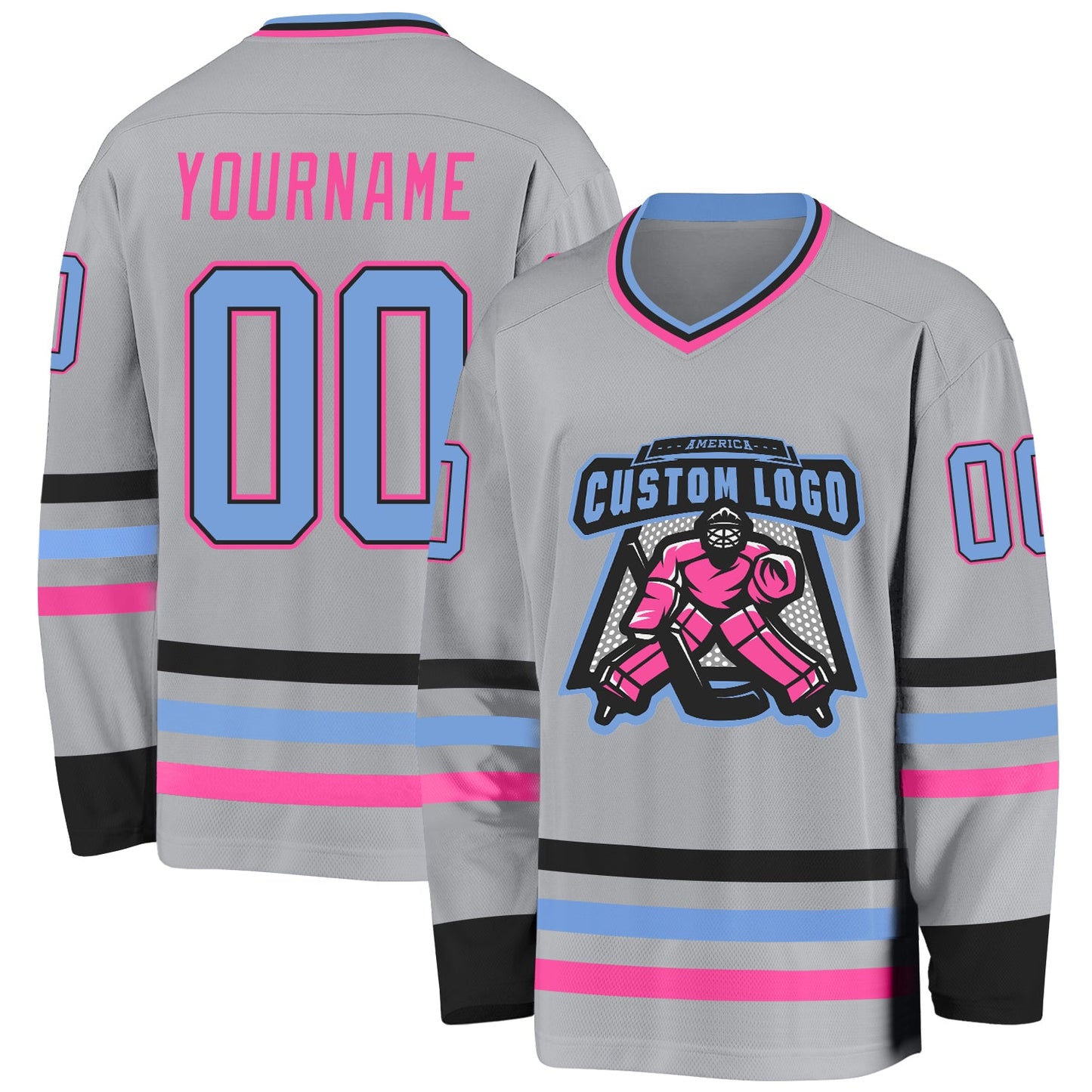 Custom Gray Light Blue Black-Pink Hockey Jersey view 2