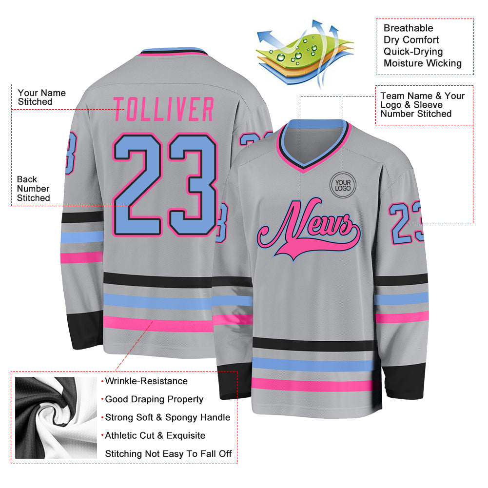 Custom Gray Light Blue Black-Pink Hockey Jersey view 3