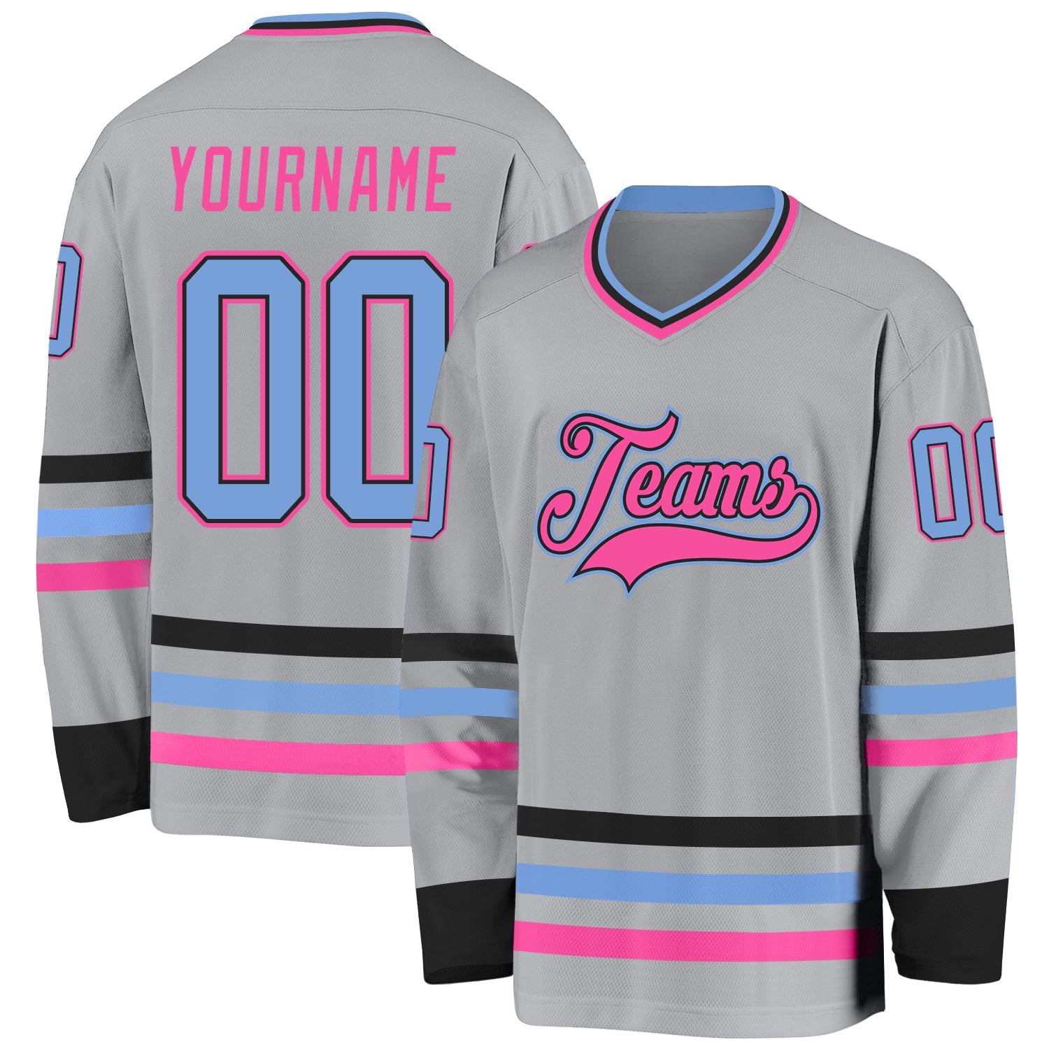 Custom Gray Light Blue Black-Pink Hockey Jersey - Main View