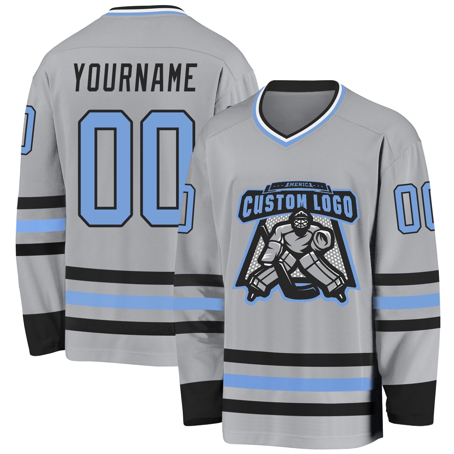 Custom Gray Light Blue-Black Hockey Jersey view 2