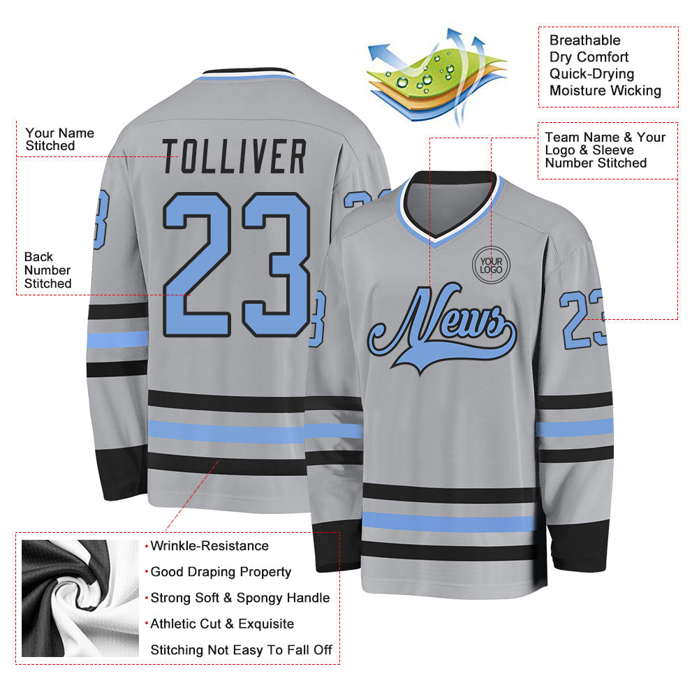 Custom Gray Light Blue-Black Hockey Jersey view 3