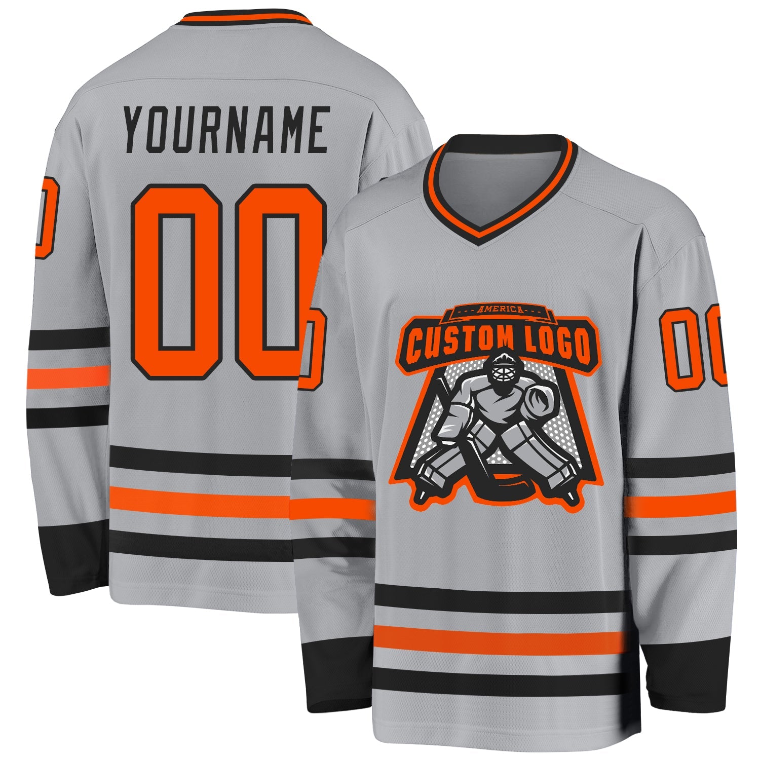 Custom Gray Orange-Black Hockey Jersey view 2