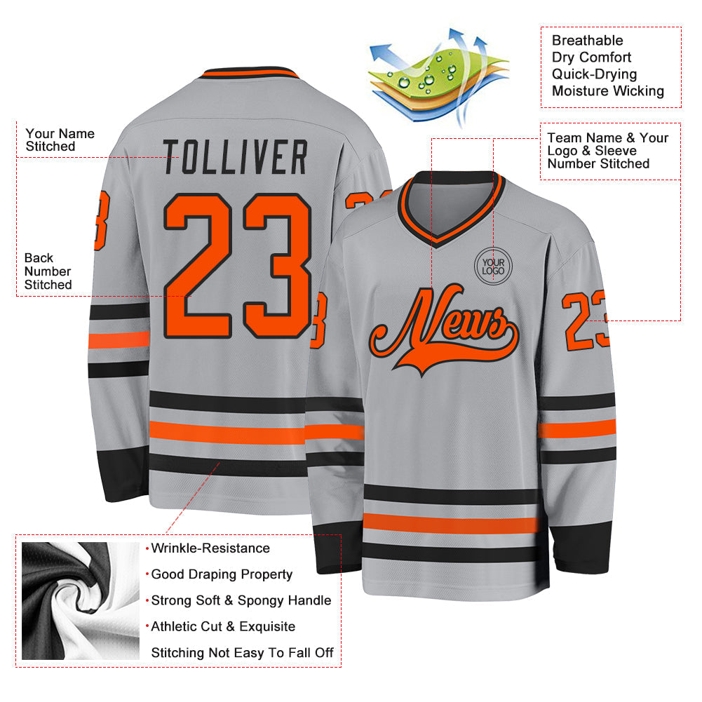 Custom Gray Orange-Black Hockey Jersey view 3
