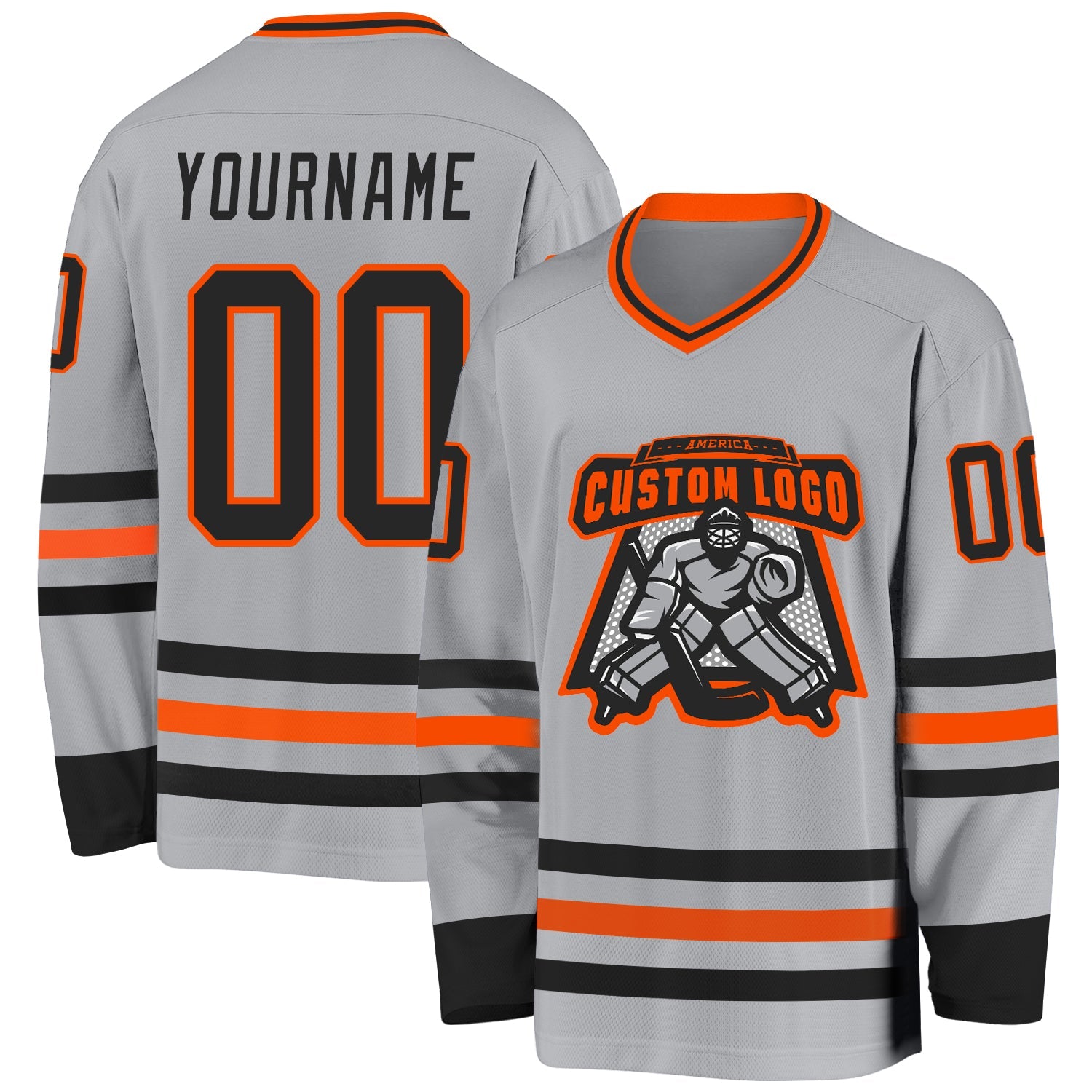 Custom Gray Black-Orange Hockey Jersey view 2
